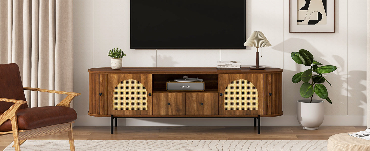 U-Can American Style TV Stand with Rattan Arched Doors, Drawers, Hidden Storage, Steel Legs, Rounded Corners image 5