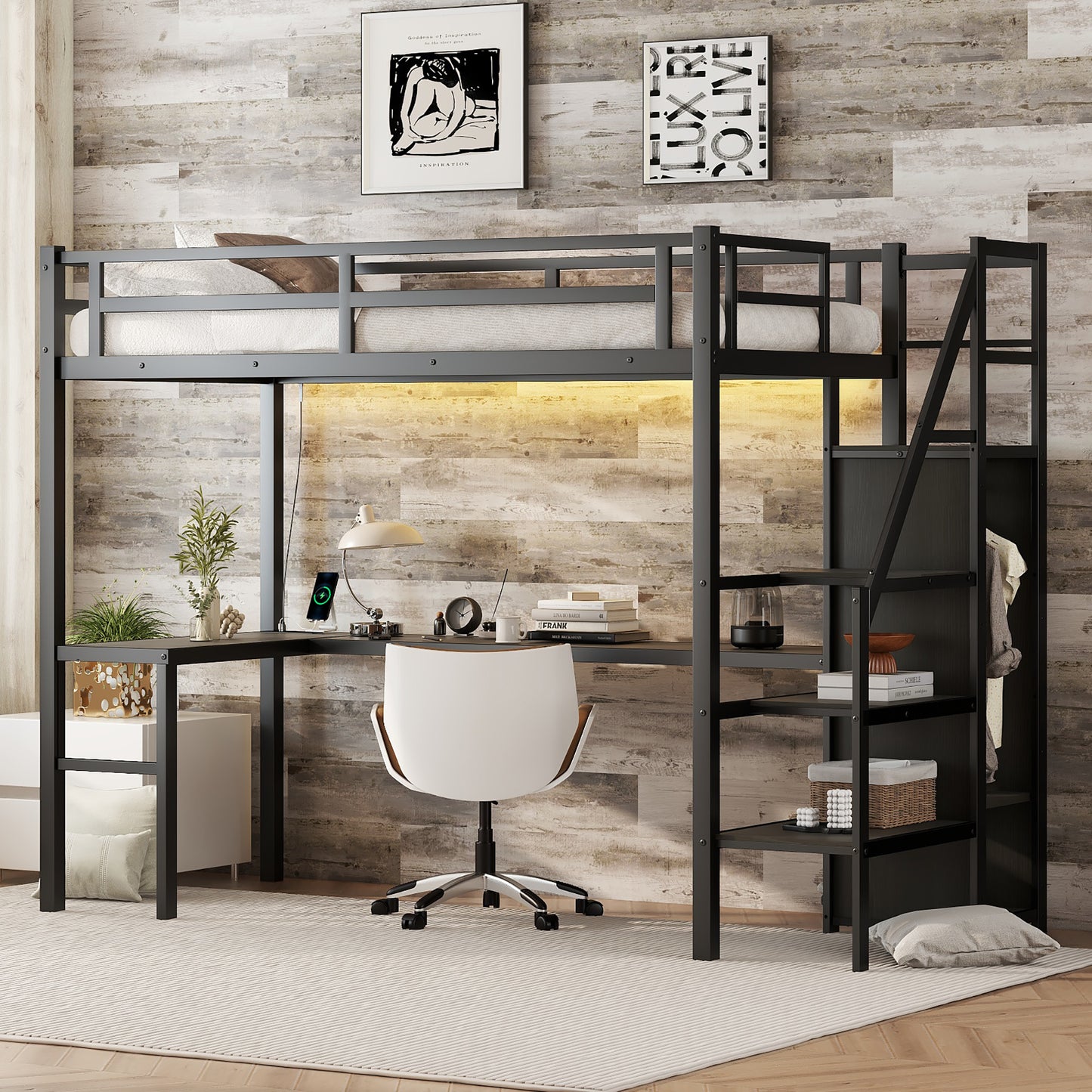 Twin XL Size Loft Bed with L-shaped Desk and USB, Metal Loft Bed with Wardrobe and Adjustable Shelf, High Loft Bed with LED for Kids Teens Adults, Black image 3