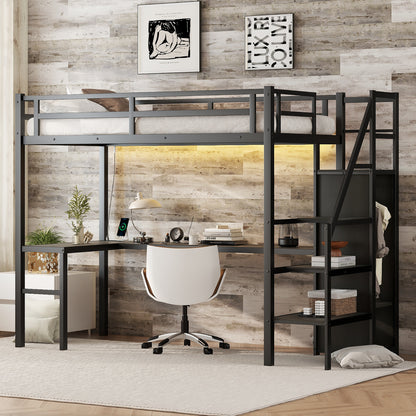 Twin XL Size Loft Bed with L-shaped Desk and USB, Metal Loft Bed with Wardrobe and Adjustable Shelf, High Loft Bed with LED for Kids Teens Adults, Black image 3