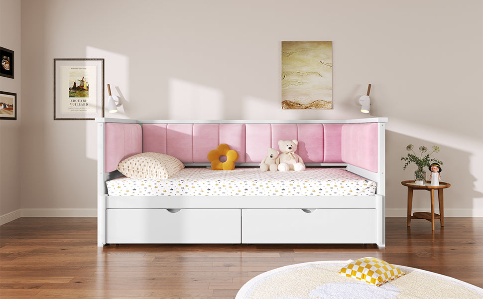 Twin XL to King Size Daybed with Two Storage Drawers and Upholstered Backrest, White+Pink image 5