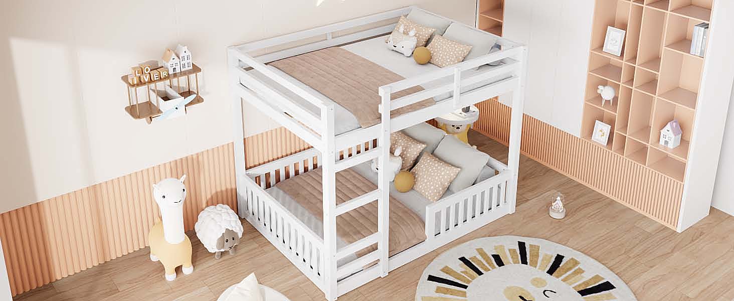 Full over Full Wood Bunk Bed with Ladder and Guardrails, White image 8
