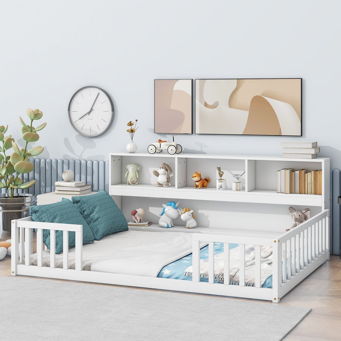 Full Floor Bed with Side Bookcase,Shelves,Guardrails,White image 11