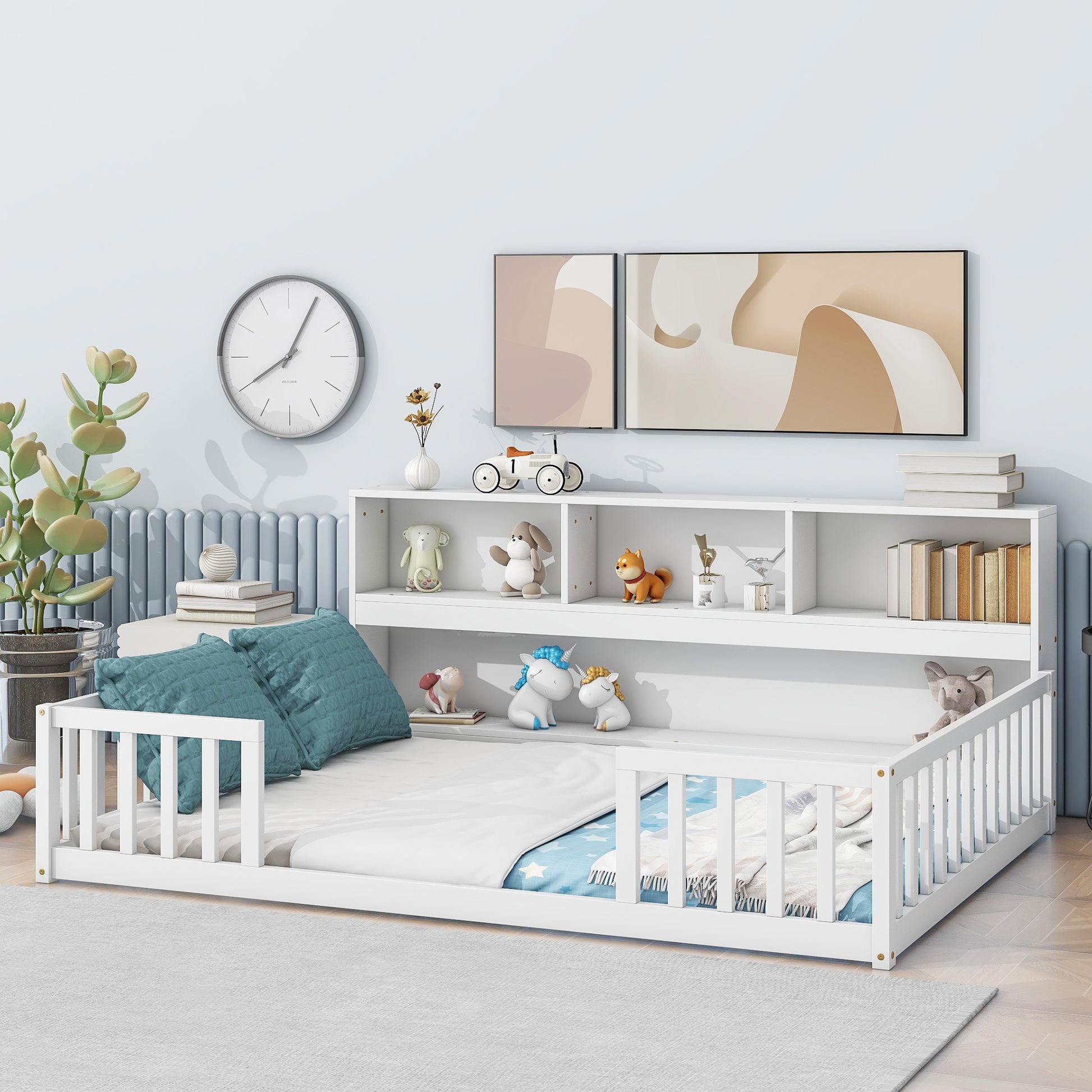 Full Floor Bed with Side Bookcase,Shelves,Guardrails,White image 11