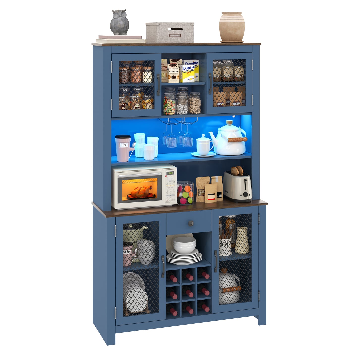 70.9" Kitchen Pantry Storage Cabinet Rustic Buffet Cabinet, Kitchen Hutch Cabinet with LED Outlets Food Pantry Cabinet with Doors and Shelves Wine Rack for Dining Room, Navy Blue image 10