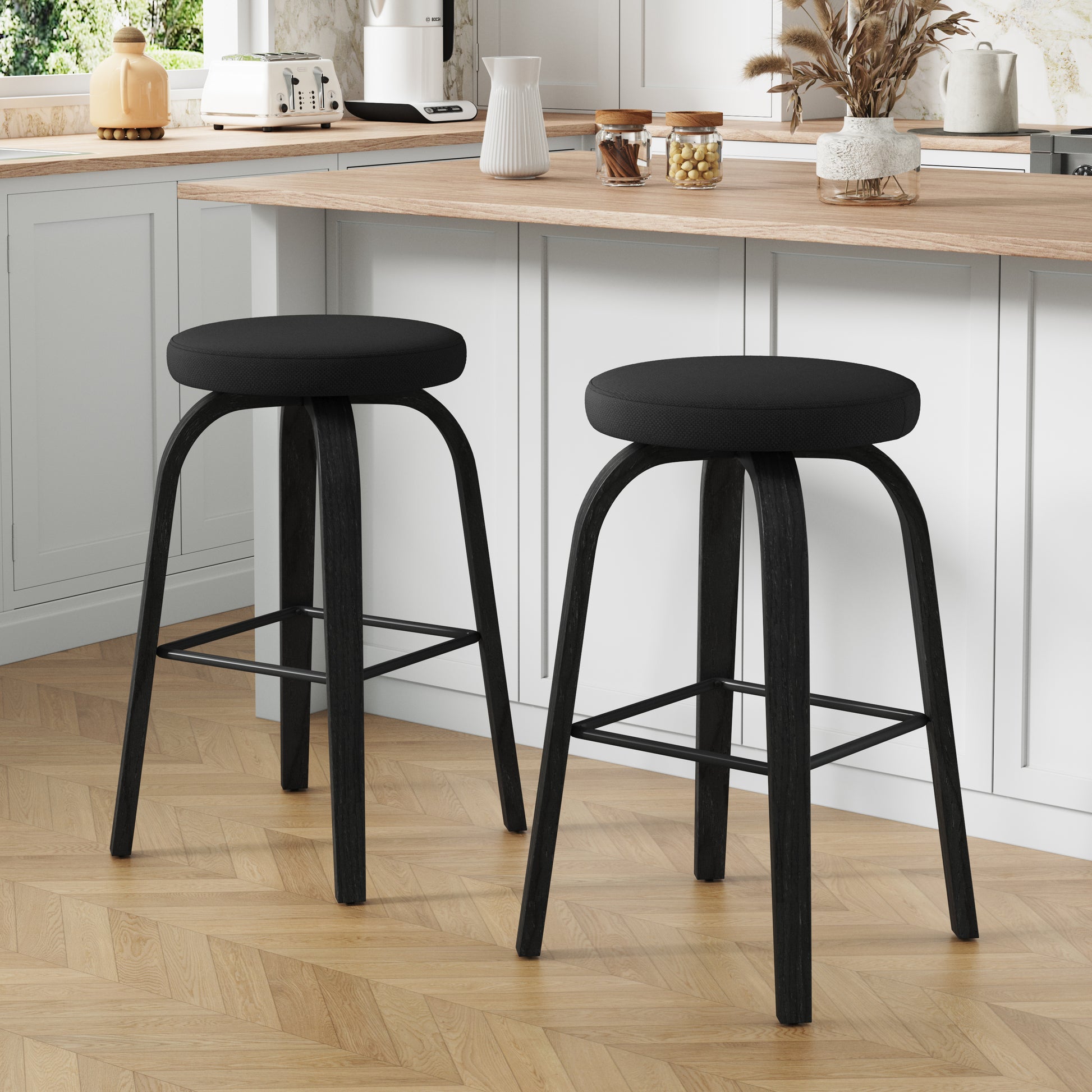 Swivel Bar Stools Set of 2, Bar Height Backless 30″ Bar Stool, Fabric Upholstered Seat, Sturdy Wood Legs and Metal Footrest, Mid-Century Modern Island Stools for Home Bars, Restaurants, All-black image 1