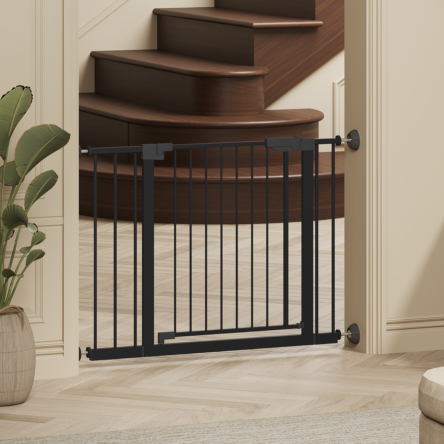 29.5-45.3" Wide Baby Gate with wall protector for Stairs, Dog Gate Indoor for Doorways, No Drilling Pressure Mounted Pet Gates for Kids, Easy Walk Through Safety Gate, Black image 9