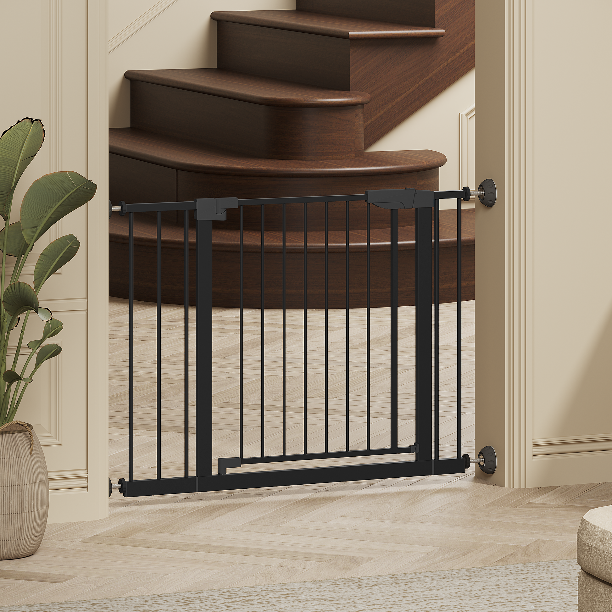 29.5-45.3" Wide Baby Gate with wall protector for Stairs, Dog Gate Indoor for Doorways, No Drilling Pressure Mounted Pet Gates for Kids, Easy Walk Through Safety Gate, Black image 9