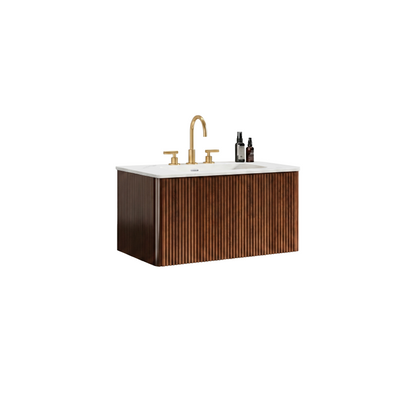 Etna 30" Striped Walnut Bathroom Vanity with Carrara White Ceramic Sink, Wall Mounted Floating Bathroom Vanity for Modern Bathroom, KD image 4