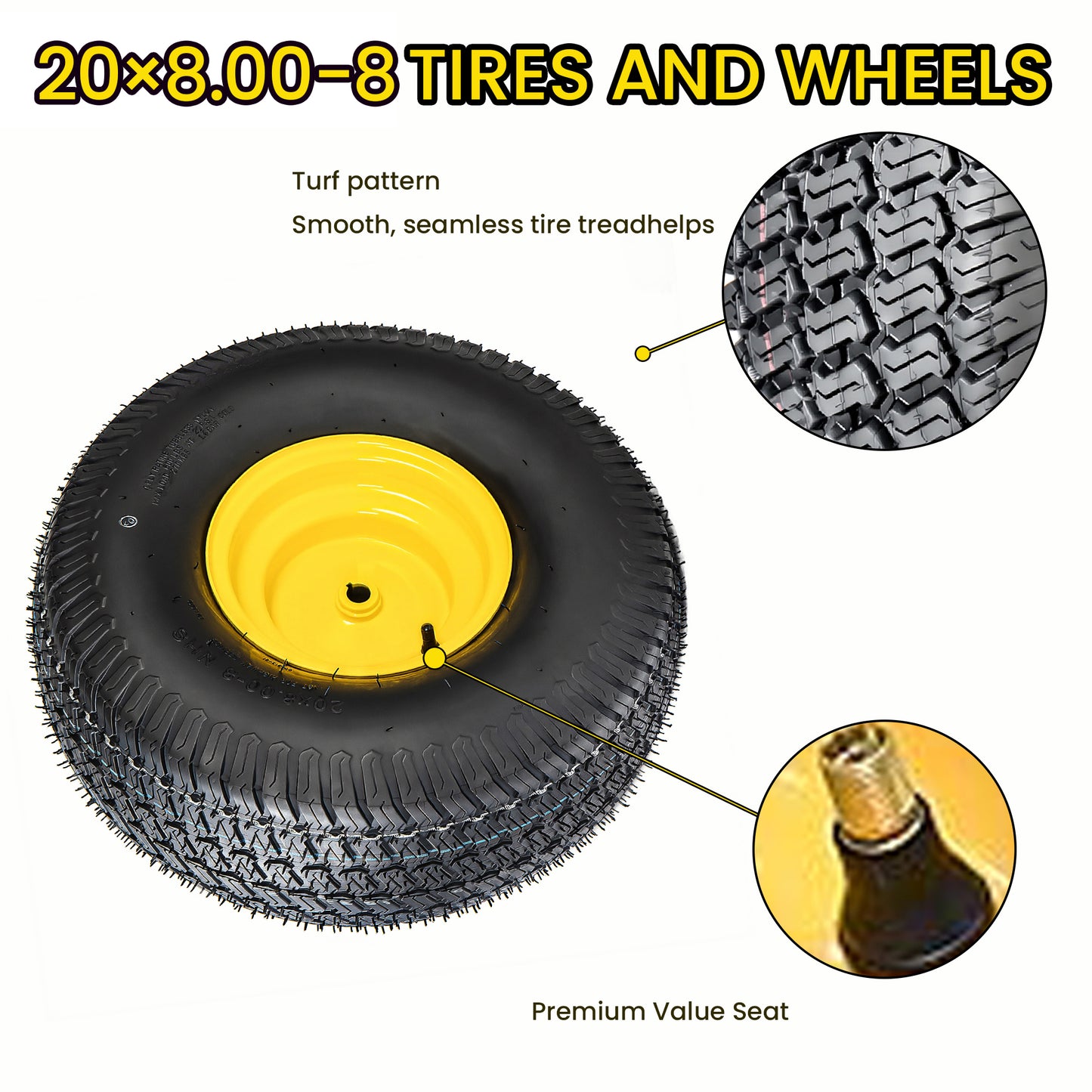 Set of 2 20x8.00-8 Lawn Mower Tires and Wheel Assembly, 4-Ply Tubeless Turf Tread Heavy Duty, 3.5" Centered Hub with 3/4" Bore and 3/16" Keyway, Yellow Steel Rim for Zero-Turn Mowers, 905 lbs Capacity image 3