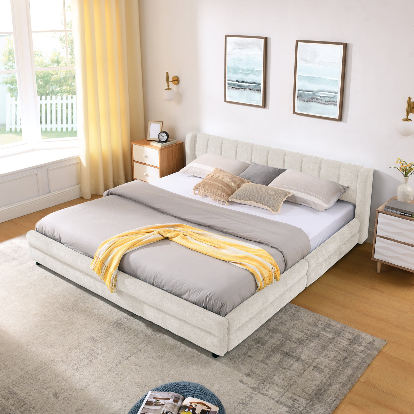 King Size Upholstered Bed Frame with Thick Fabric, comfortable upholstered bed frame, Chenille fabric, with headboard and solid bed frame. With drawer for storage-Beige(86.5''*84''*29.5'') image 3