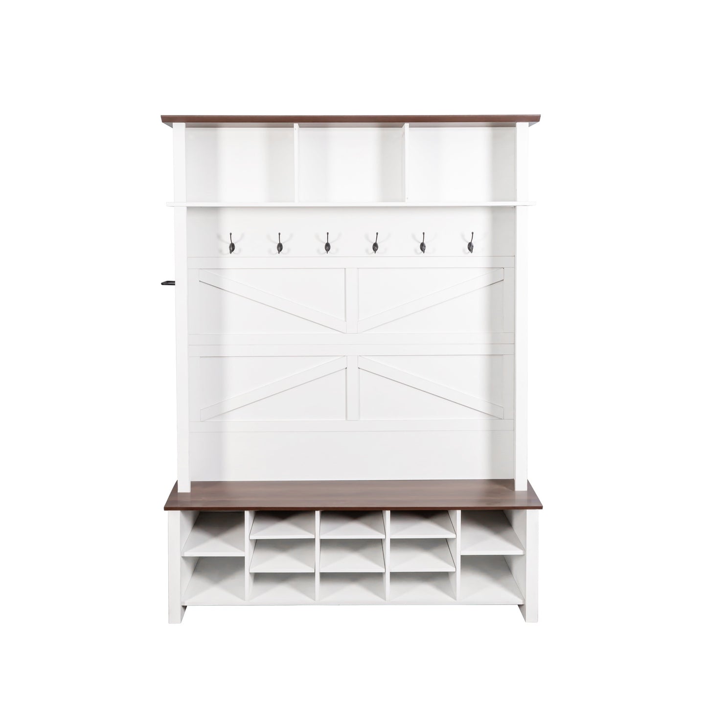 Farmhouse 4-in-1 Hall Tree with 6 Hooks, Walnut Entryway Bench with Shelves, Wooden Style Rustic Shoe Organizer with 16 Open Compartments for Mudroom, Living Room, White (OLD SKU: N721P264915K) image 9