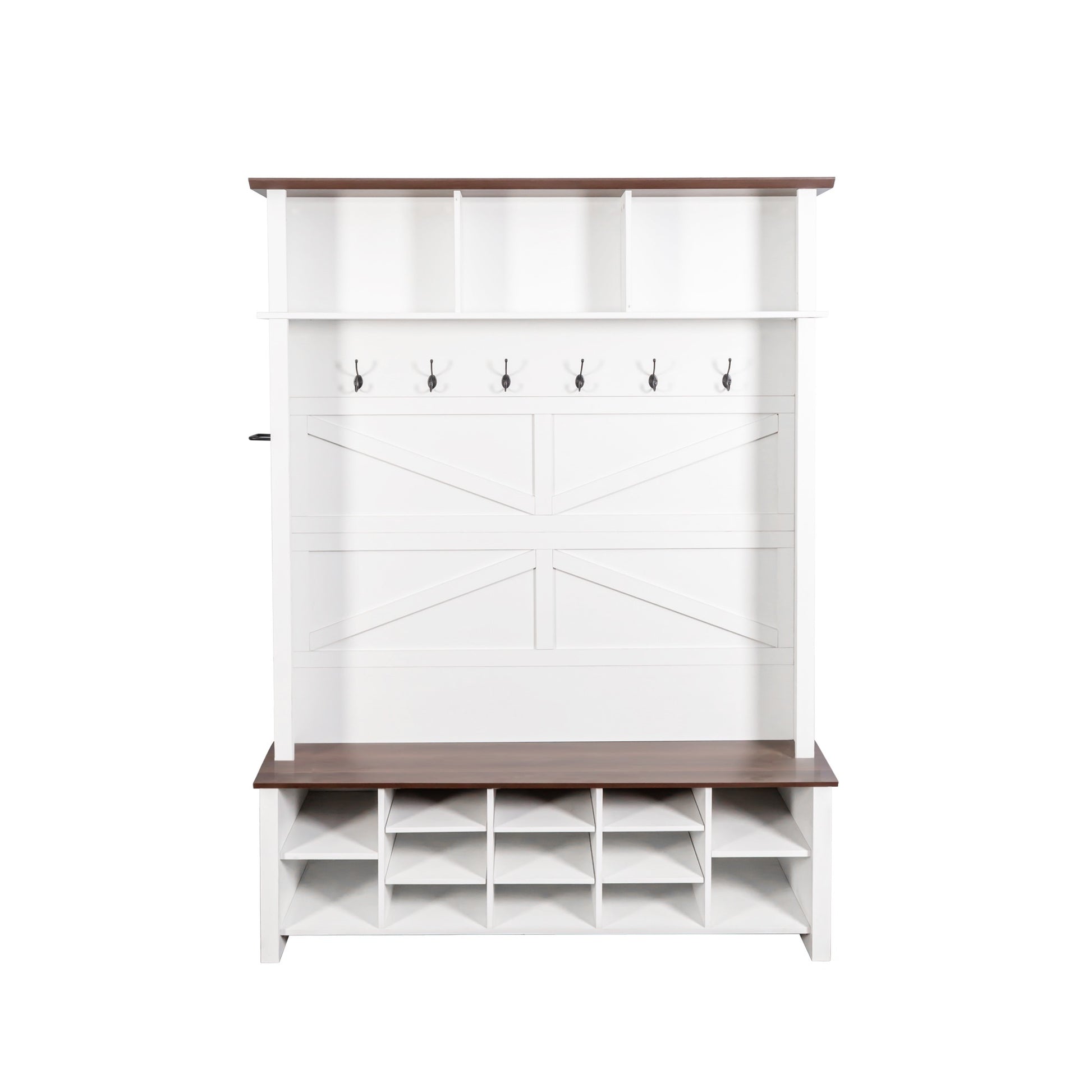 Farmhouse 4-in-1 Hall Tree with 6 Hooks, Walnut Entryway Bench with Shelves, Wooden Style Rustic Shoe Organizer with 16 Open Compartments for Mudroom, Living Room, White (OLD SKU: N721P264915K) image 9