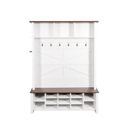 Farmhouse 4-in-1 Hall Tree with 6 Hooks, Walnut Entryway Bench with Shelves, Wooden Style Rustic Shoe Organizer with 16 Open Compartments for Mudroom, Living Room, White (OLD SKU: N721P264915K) image 9