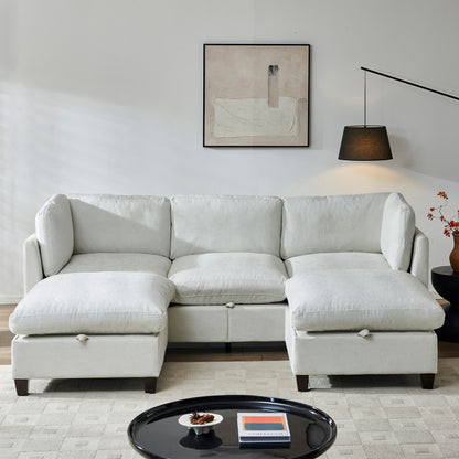 96.5" Sectional Couch for Living room, Upholstered Soft Chenille Fabric Sofa with Storage, 3-Seater with Two Ottomans U Shape Sofa Beige image 1
