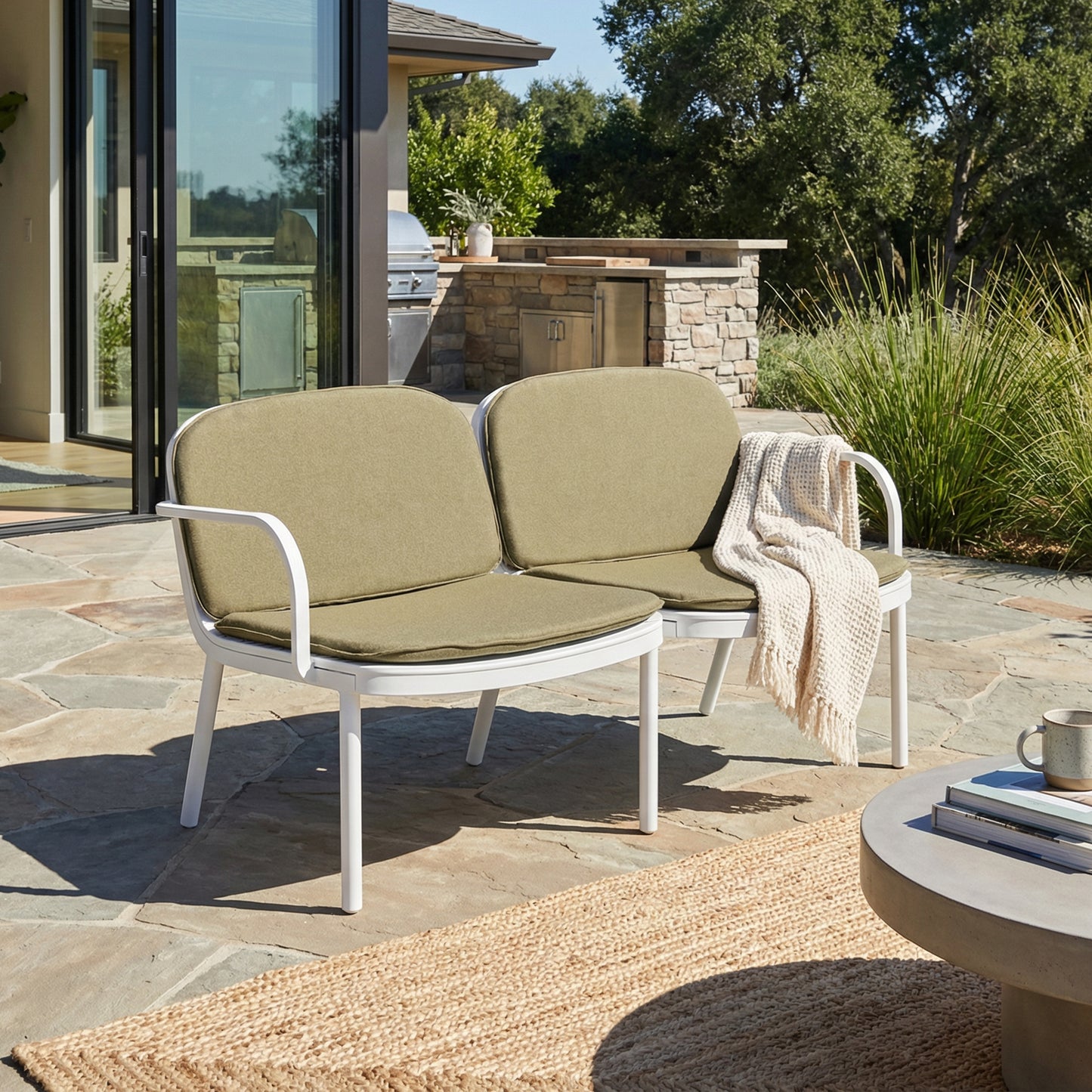 Luna Outdoor Patio PP Loveseat, White Frame with Green Cushion image 3