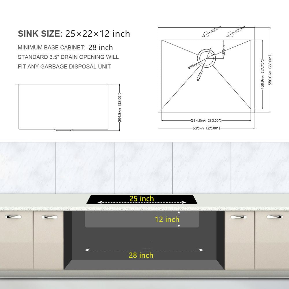25"x22"x12" Stainless Steel Laundry Utility Sink Drop In Topmount 16 Gauge Deep Single Bowl Kitchen Sink Basin image 6