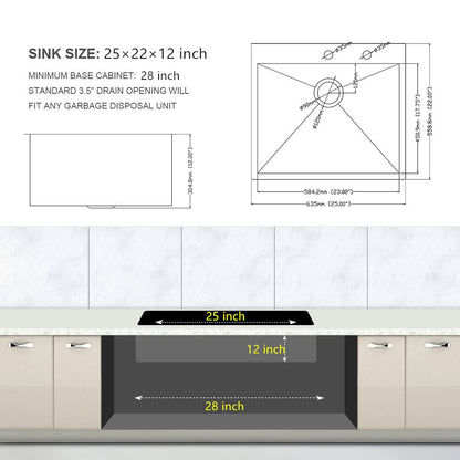 25"x22"x12" Stainless Steel Laundry Utility Sink Drop In Topmount 16 Gauge Deep Single Bowl Kitchen Sink Basin image 6