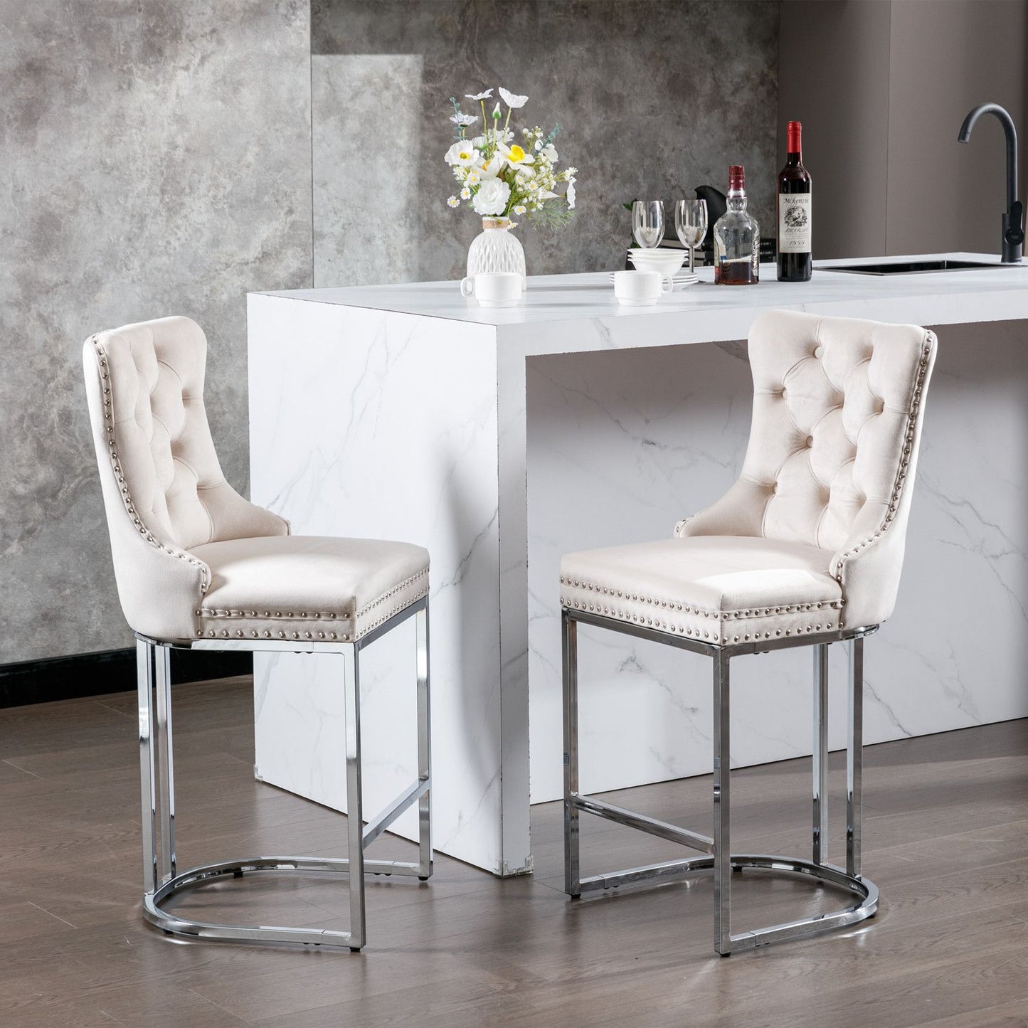 26" Counter Height Bar Stools Set of 2, Modern Velvet Barstools with Button Back&Rivet Trim Upholstered Kitchen Island C image 20