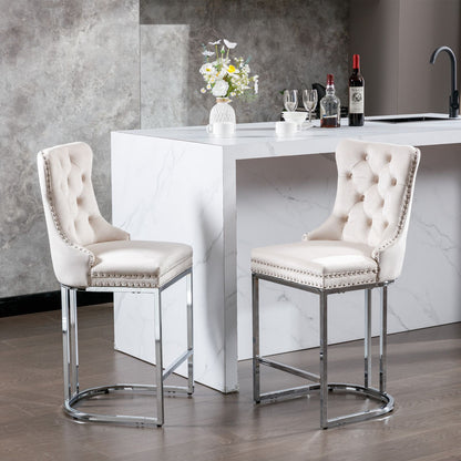 26" Counter Height Bar Stools Set of 2, Modern Velvet Barstools with Button Back&Rivet Trim Upholstered Kitchen Island C image 20