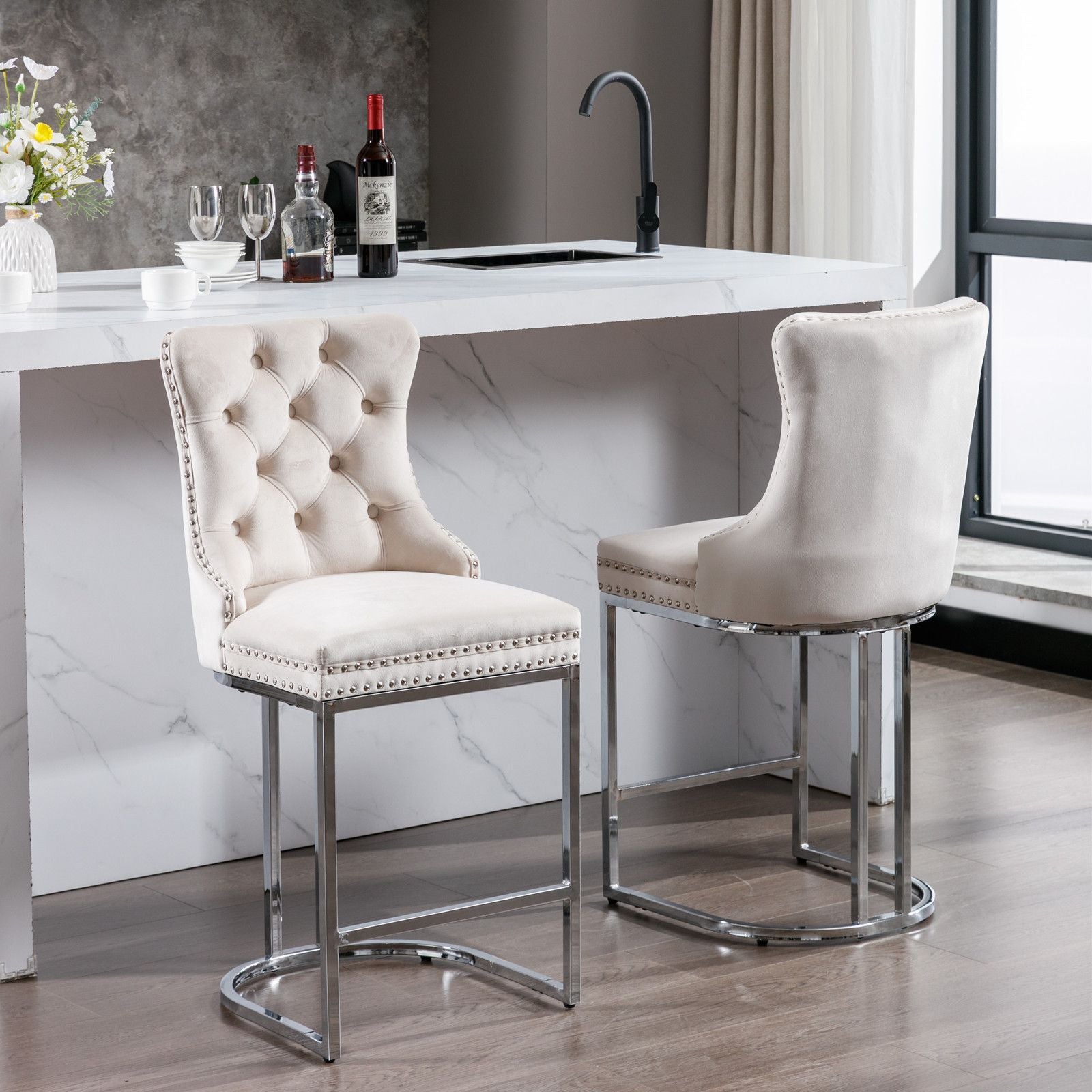 26" Counter Height Bar Stools Set of 2, Modern Velvet Barstools with Button Back&Rivet Trim Upholstered Kitchen Island C image 17
