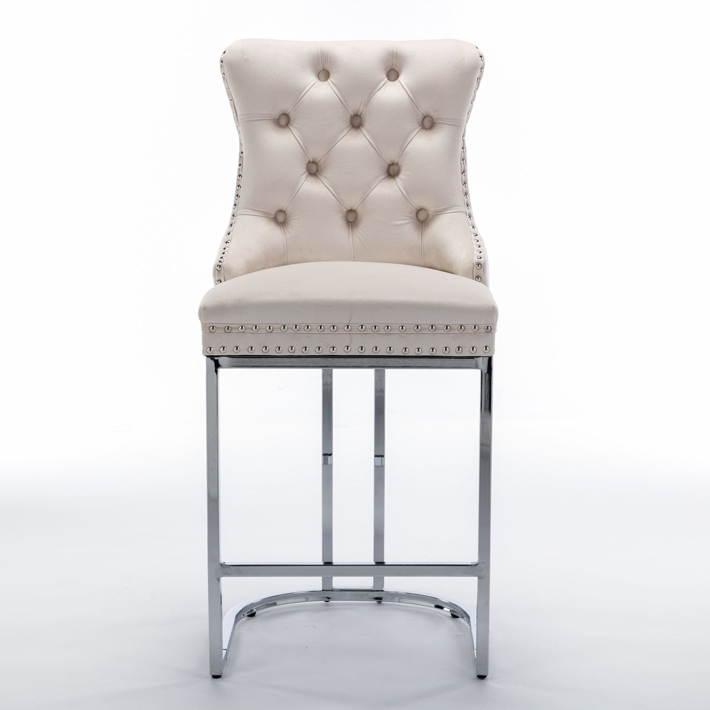 Beige velvet bar stool with chrome base and rivet trim - side angle