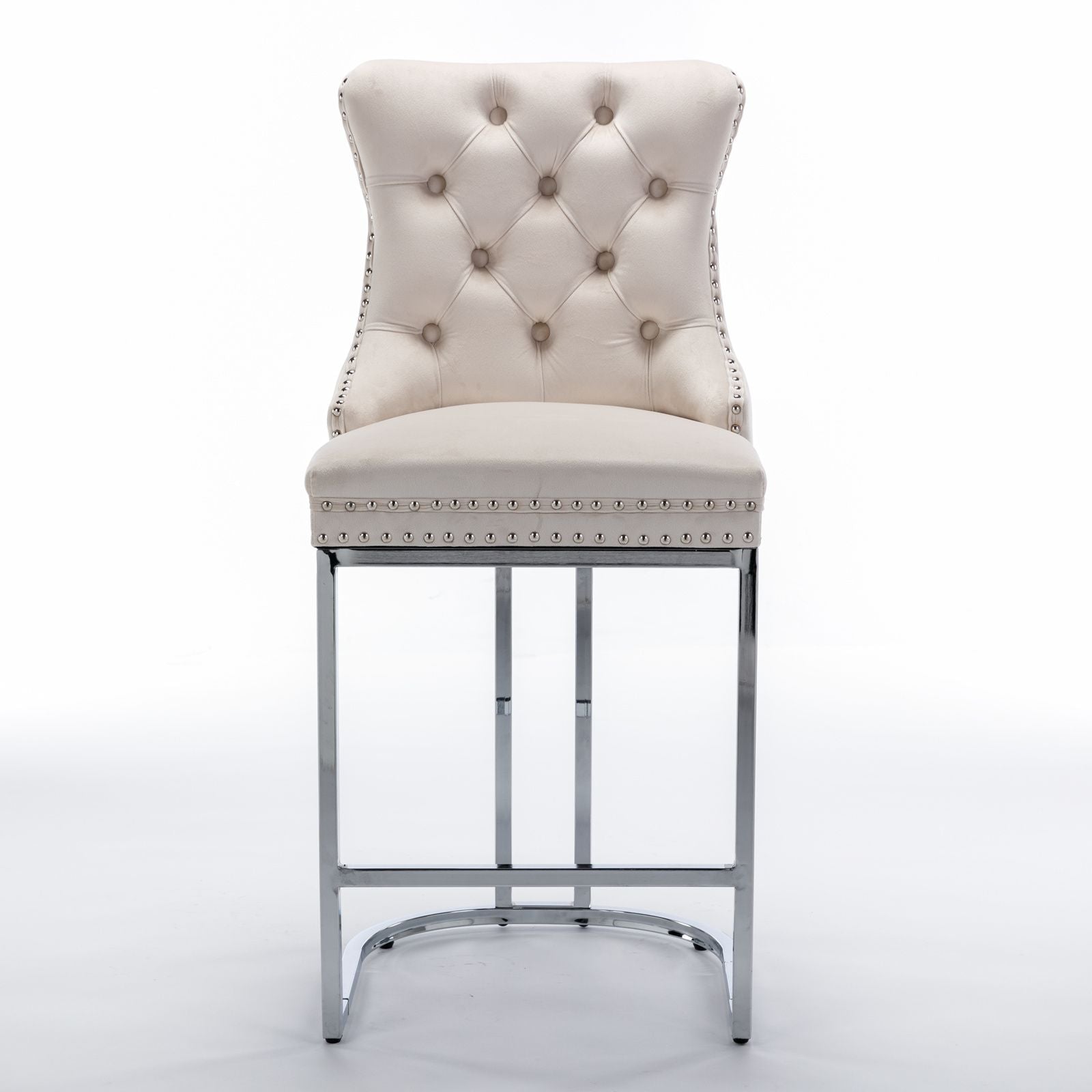 Beige velvet bar stool with chrome base and rivet trim - side angle