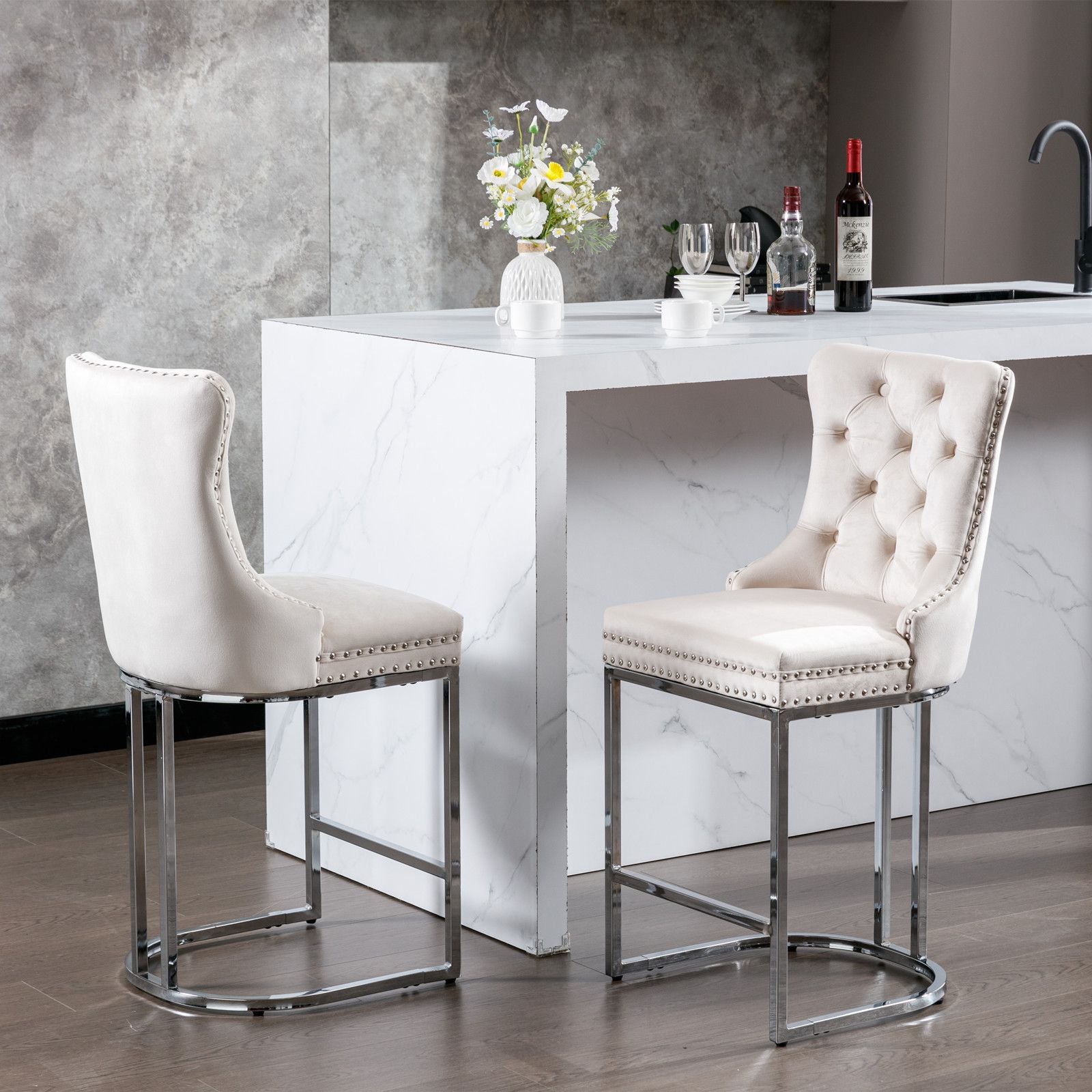 26" Counter Height Bar Stools Set of 2, Modern Velvet Barstools with Button Back&Rivet Trim Upholstered Kitchen Island C image 18