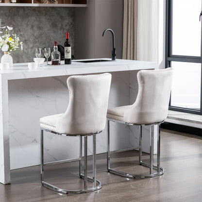 26" Counter Height Bar Stools Set of 2, Modern Velvet Barstools with Button Back&Rivet Trim Upholstered Kitchen Island C image 19