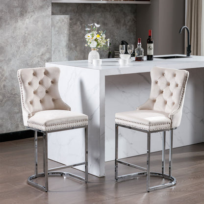 Set of 2 beige velvet counter height bar stools with button tufted back and chrome base - front view