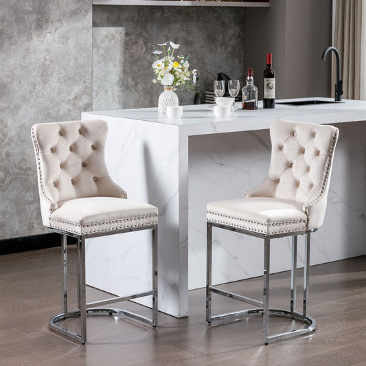 Set of 2 beige velvet counter height bar stools with button tufted back and chrome base - front view