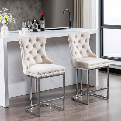 26" Counter Height Bar Stools Set of 2, Modern Velvet Barstools with Button Back&Rivet Trim Upholstered Kitchen Island C image 16