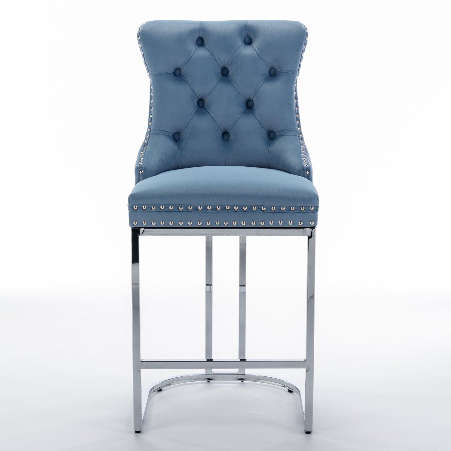 Modern velvet bar stools set of 2 light blue with rivet trim and chrome legs side view