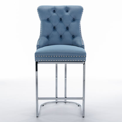 Modern velvet bar stools set of 2 light blue with rivet trim and chrome legs side view