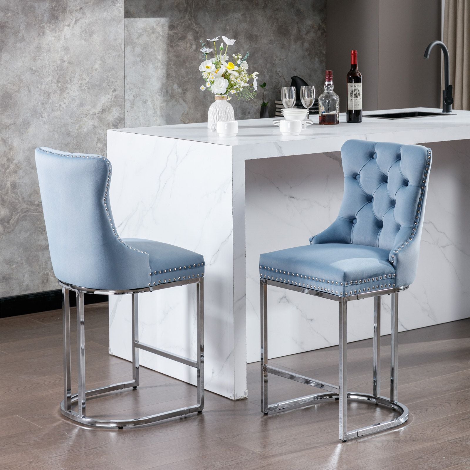 26" Counter Height Bar Stools Set of 2, Modern Velvet Barstools with Button Back&Rivet Trim Upholstered Kitchen Island C image 19