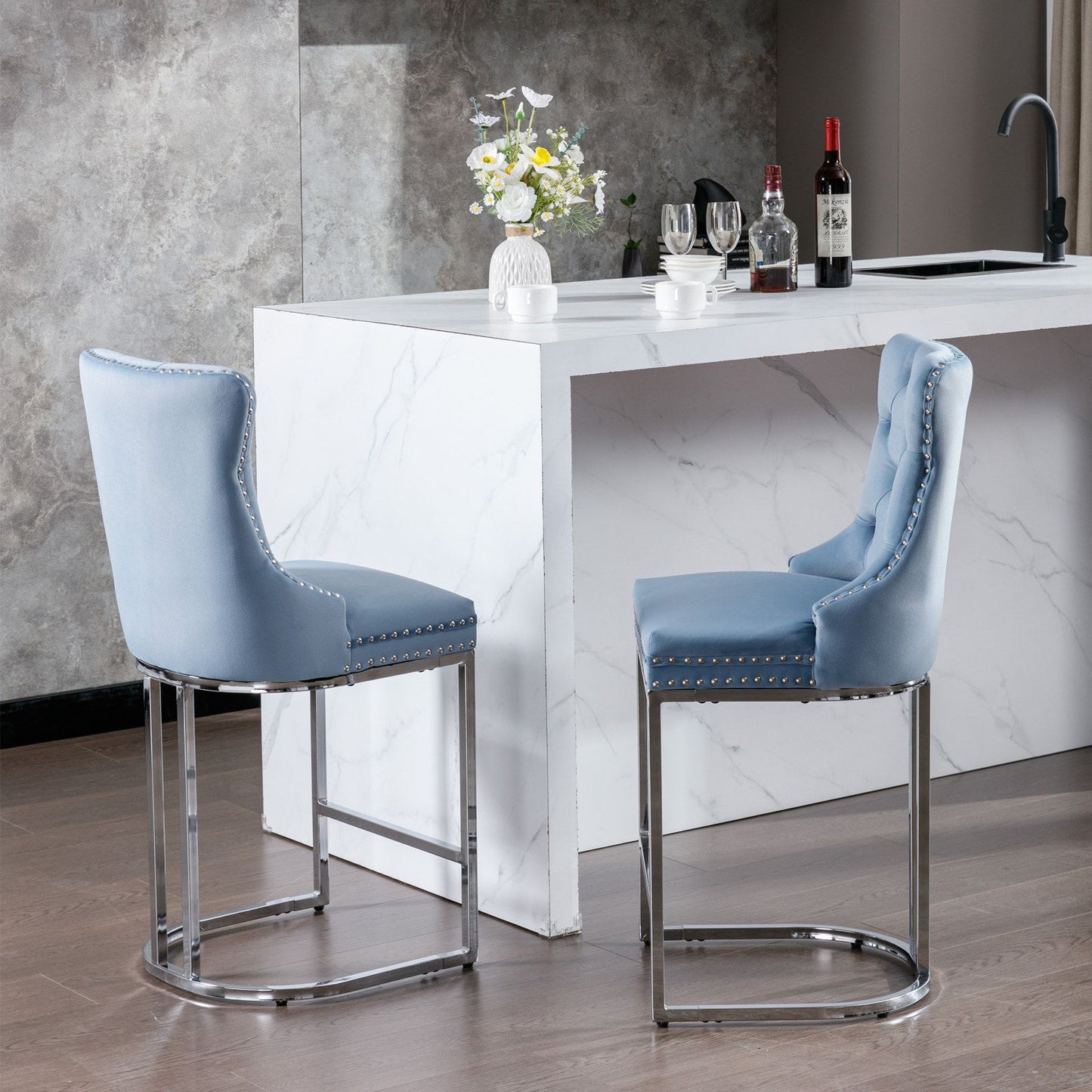 26" Counter Height Bar Stools Set of 2, Modern Velvet Barstools with Button Back&Rivet Trim Upholstered Kitchen Island C image 18