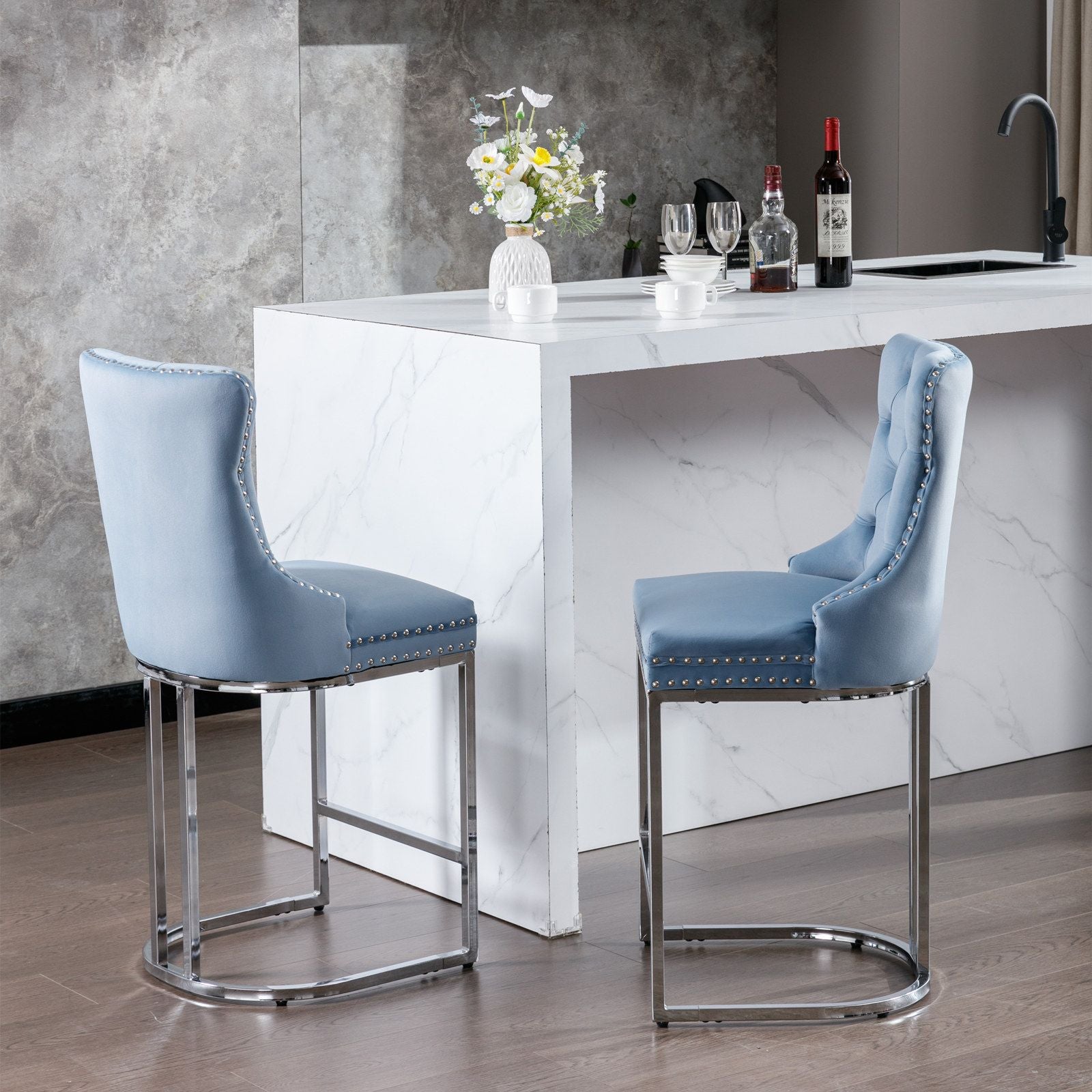 26" Counter Height Bar Stools Set of 2, Modern Velvet Barstools with Button Back&Rivet Trim Upholstered Kitchen Island C image 18