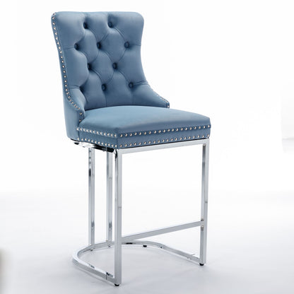 Button tufted back bar stools light blue velvet close up