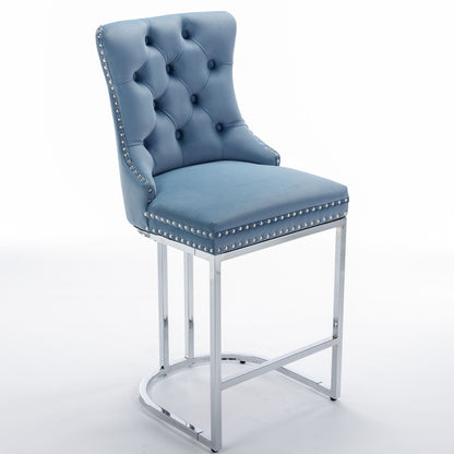 Chrome metal base bar stools set of 2 light blue angled view