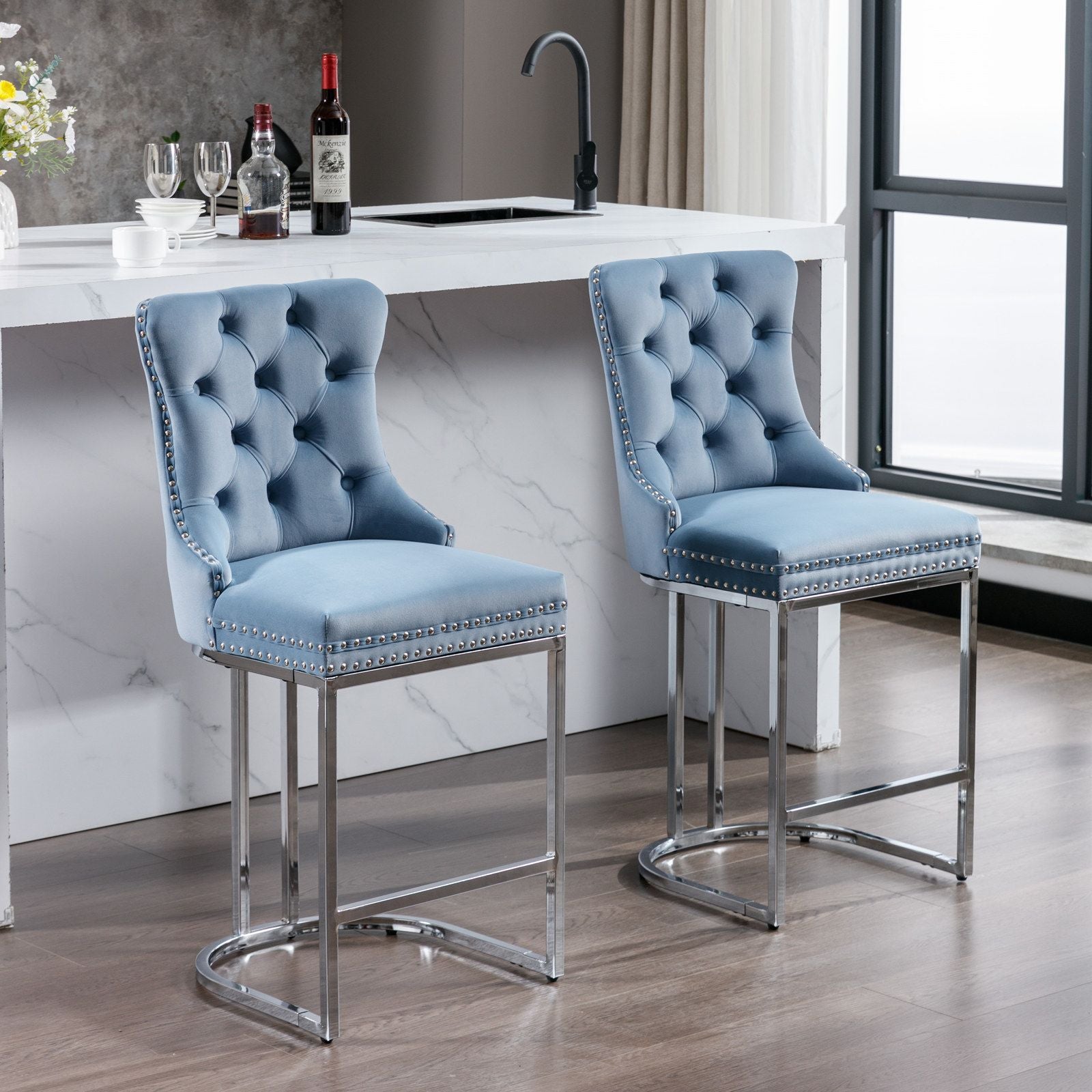 26" Counter Height Bar Stools Set of 2, Modern Velvet Barstools with Button Back&Rivet Trim Upholstered Kitchen Island C image 16