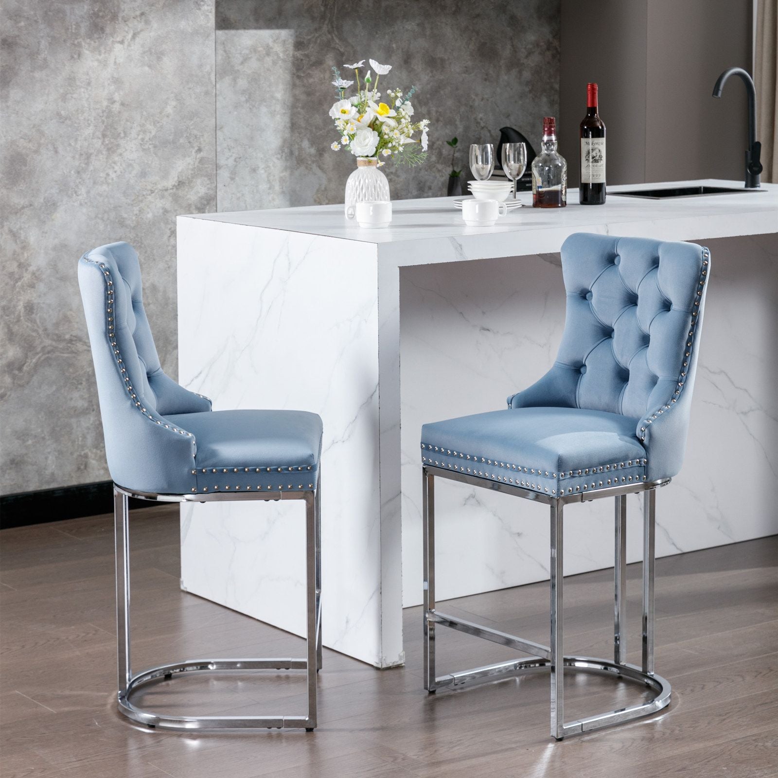 26" Counter Height Bar Stools Set of 2, Modern Velvet Barstools with Button Back&Rivet Trim Upholstered Kitchen Island C image 17