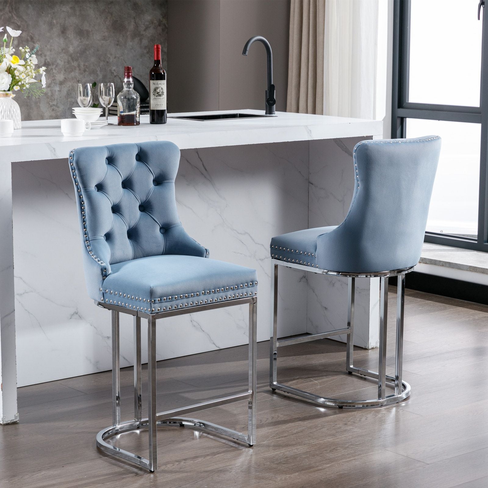 26" Counter Height Bar Stools Set of 2, Modern Velvet Barstools with Button Back&Rivet Trim Upholstered Kitchen Island C image 20