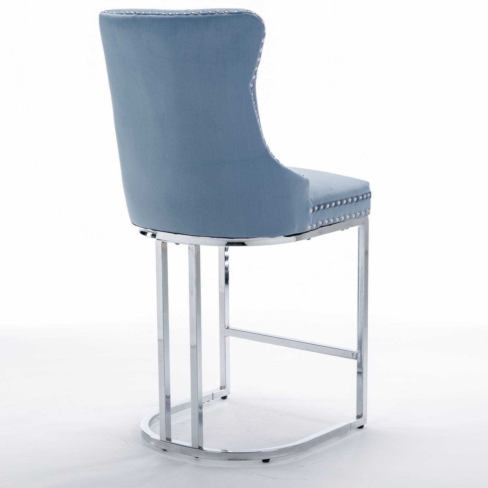 Velvet bar stools with decorative rivet trim light blue back detail