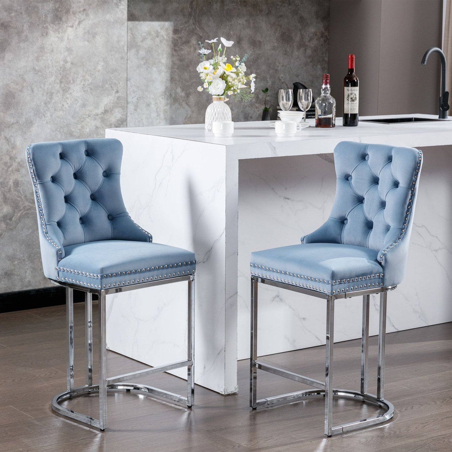 26 inch counter height bar stools set of 2 modern velvet light blue with button tufted back and chrome base front view