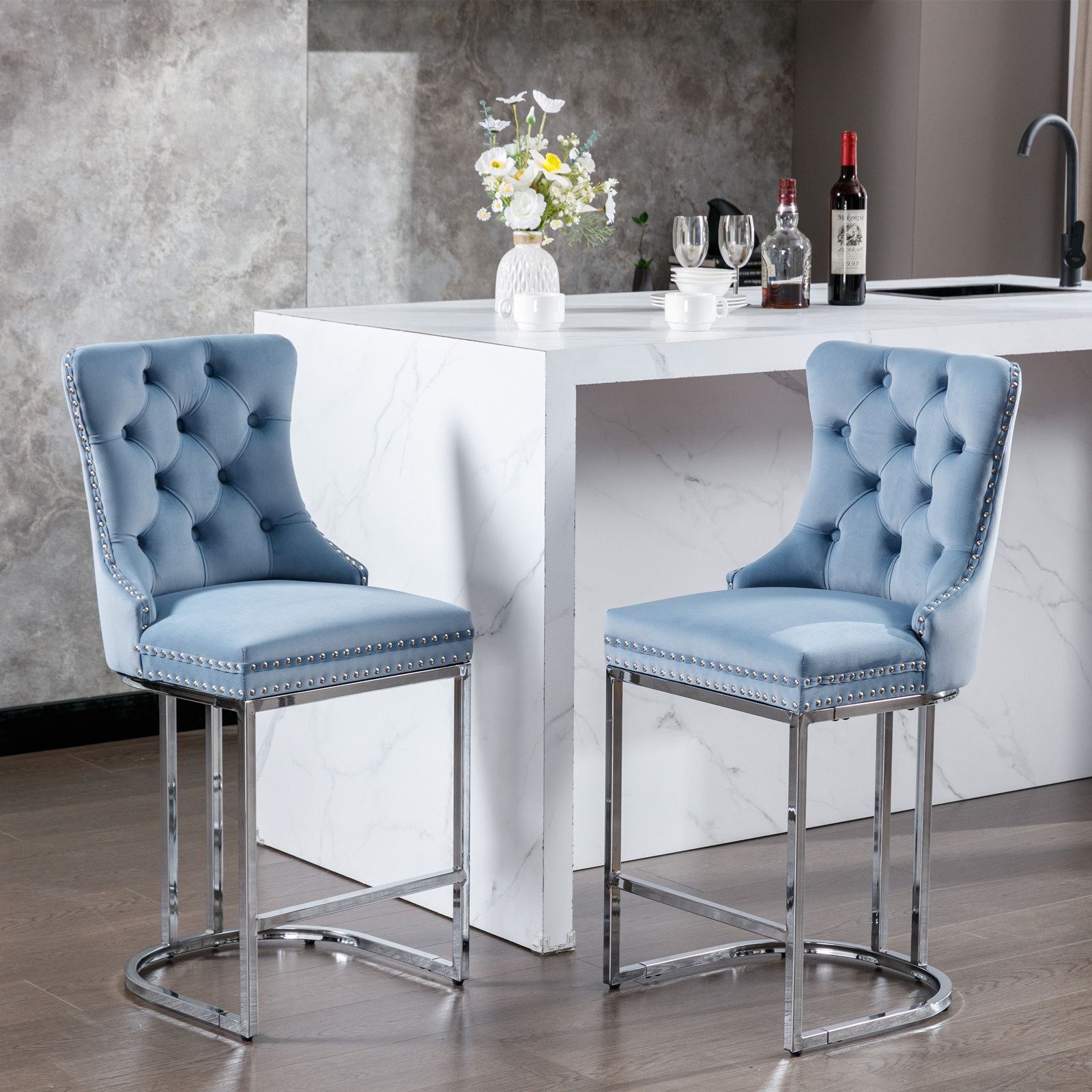 26 inch counter height bar stools set of 2 modern velvet light blue with button tufted back and chrome base front view
