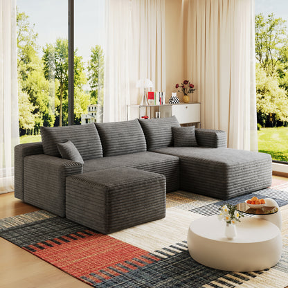 95" Cloud Sectional Sofa with 1 Ottoman,Modern Minimalist Upholstered Couches, Comfort U Shaped Sofa for Living Room,Deep Seat Corner Couch,No Assembly Required,Dark Grey((Plush Corduroy Fabric) image 5