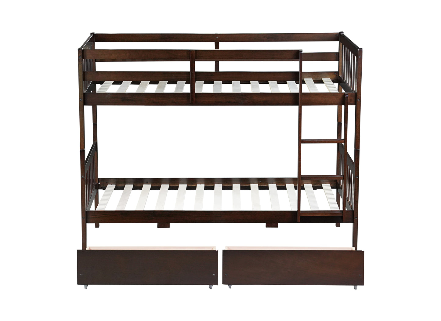 Twin Over Twin Rubber Wood Bunk Bed with 2 Drawers, Convertible into 2 Twin Beds, Twin Size Bunk Bed with Ladder and Safety Guardrails,Espresso (Old Sku W504S00200) image 4