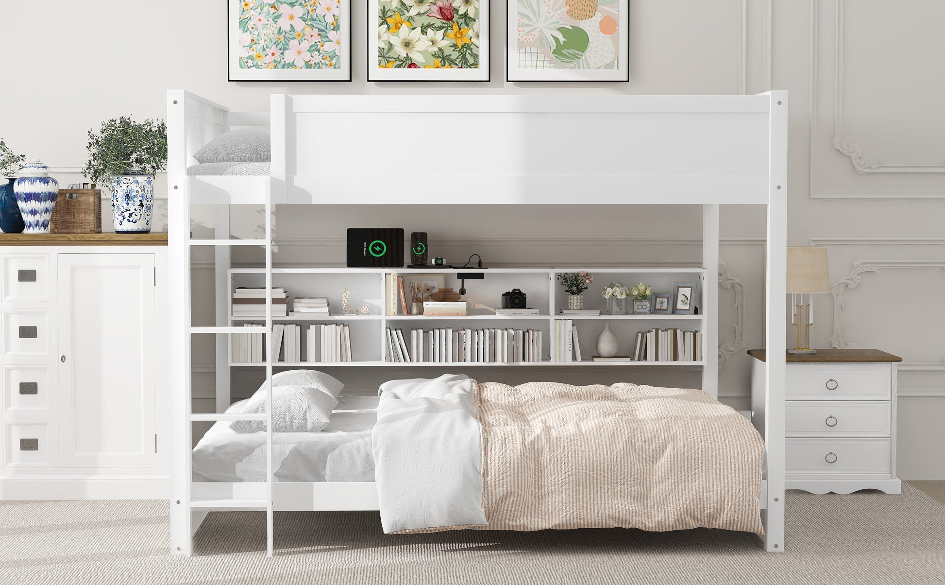Queen over Queen Bunk Bed with Storage Cabinets and USB Ports, White image 5