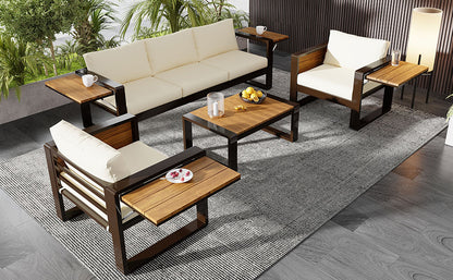 Aluminum Frame Large 4-Piece Outdoor Patio Furniture Set for 5 Person, 3-Seater Sofa, 2 Armchairs with Fold-Out Side Tables, Modern Garden/Patio Seating, All-Weather Use, Beige Cushions image 11