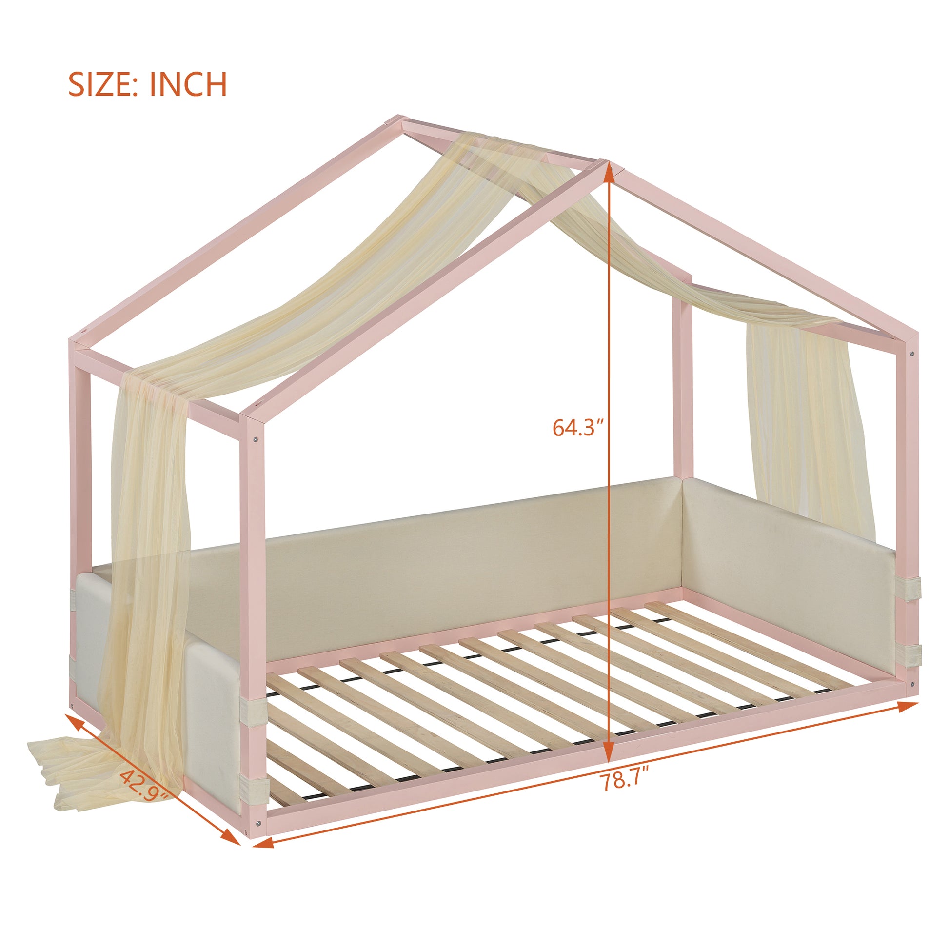 Twin Size Canopy Bed with Upholstered Velvet Side Panels, Breathable Gauze Canopy, Soft-Padded Platform Bed Frame, Easy Assembly Modern Bed for Bedroom, Guest Room-Pink image 8