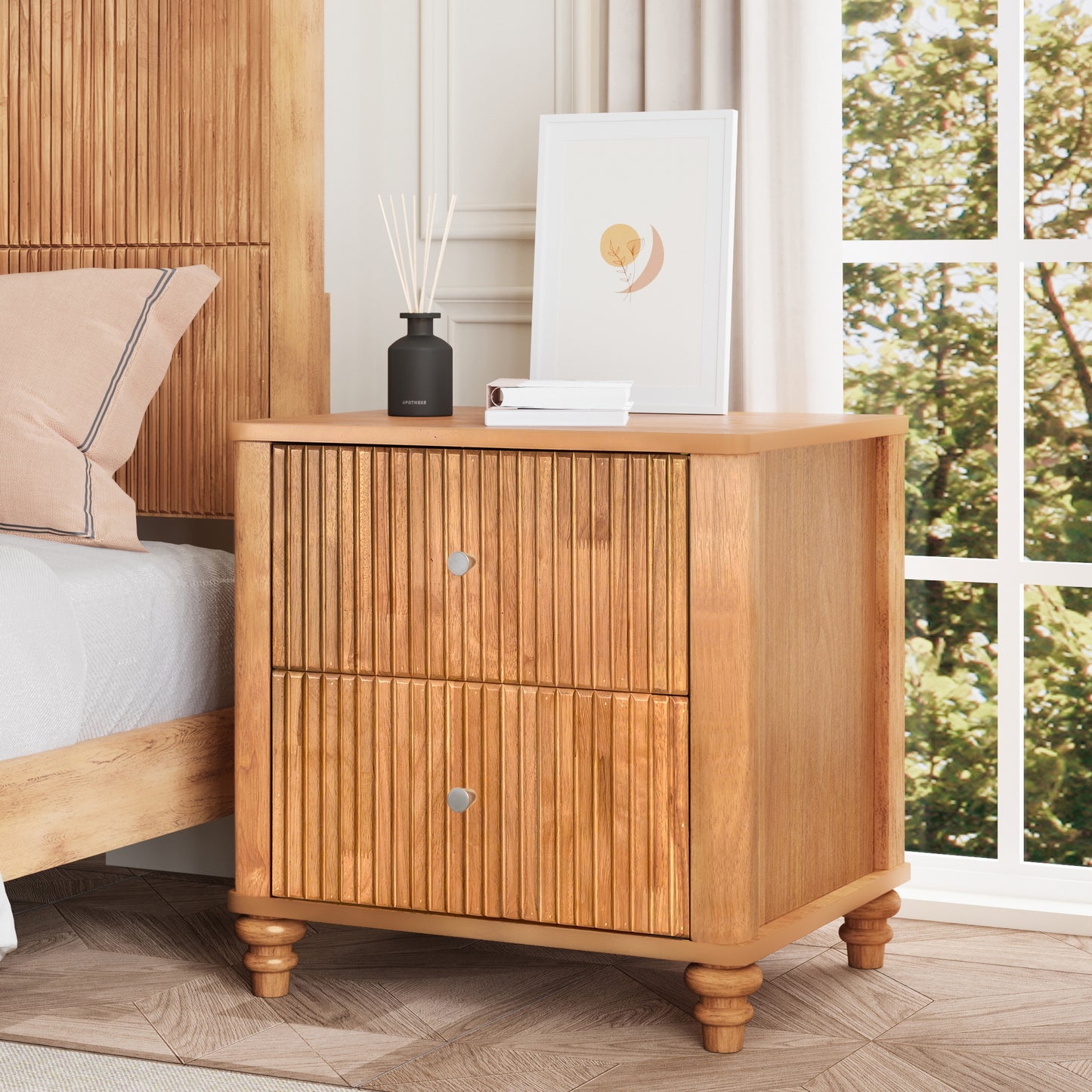 Fluted Nightstand, 21.65" Wide Side Table with 3 Drawers, Mid Century Modern Wood NightStand with Metal Handle, Wooden Bedside End Table for Bedroom, Living Room, Closet, Natural image 9